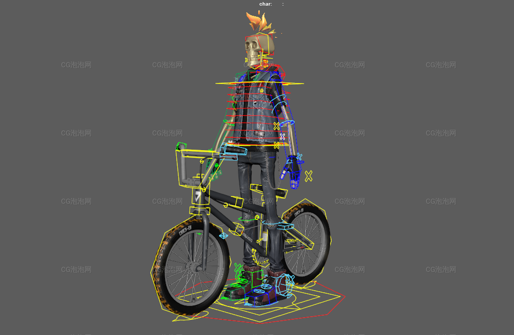 惡靈騎手骷髏怪角色帶自行車和武器Maya模型